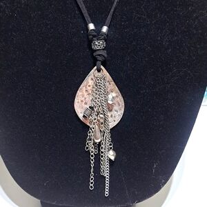 Premier Designs Silver Cluster Chain Pendant Black Leather Long Necklace Boho